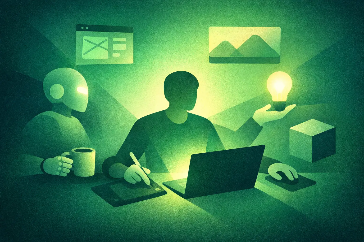 AI-native designer - a UX/UI product designer multitasking alongside AI in an abstract blue-toned space, representing the shift from a traditional design process to an AI-native workflow.