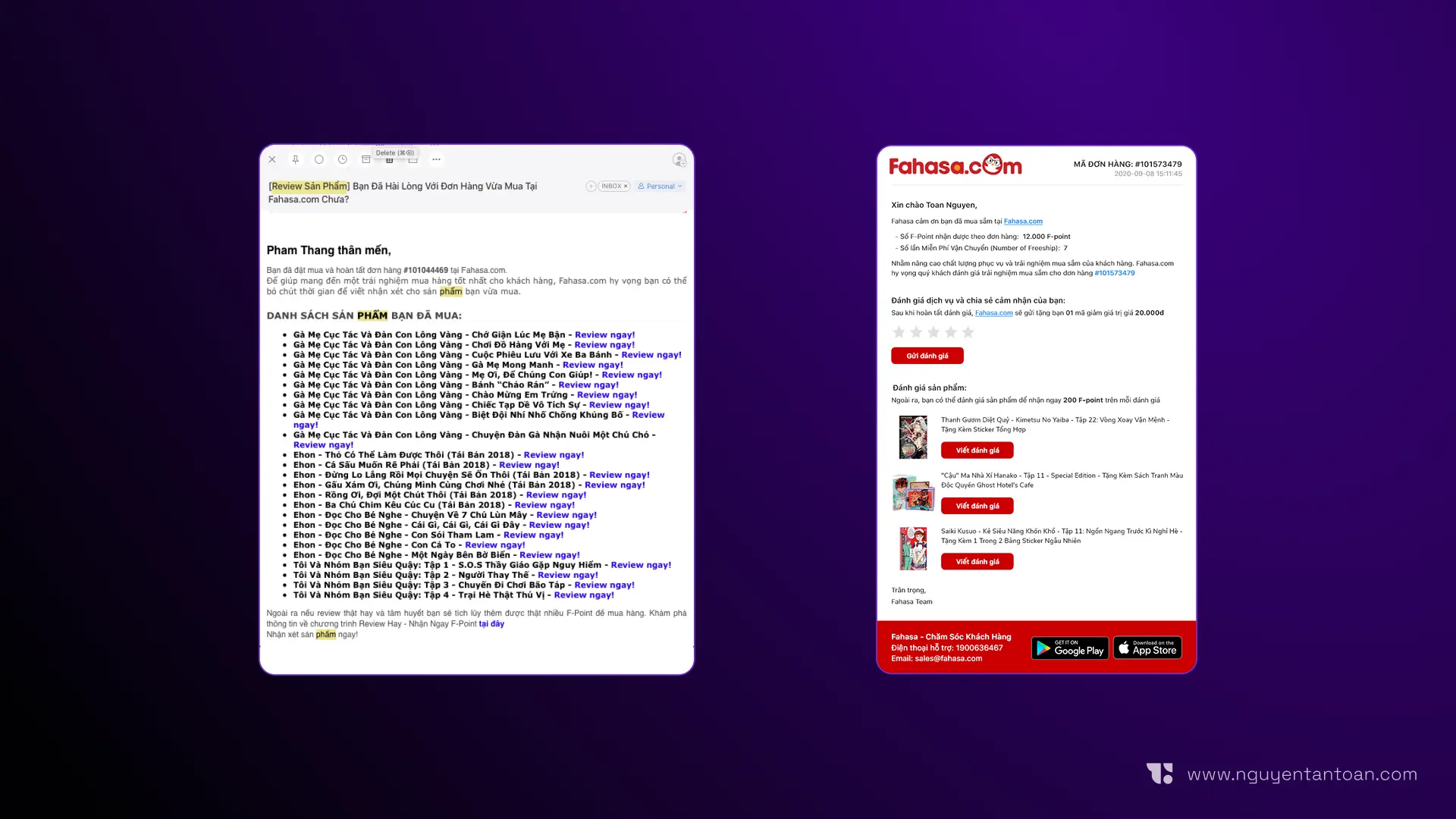 Two review request emails from the Vietnamese bookstore Fahasa.com: a plain-text list of purchased books with "Review now" links, and a branded email with a star rating and "Write a review" buttons for each book
