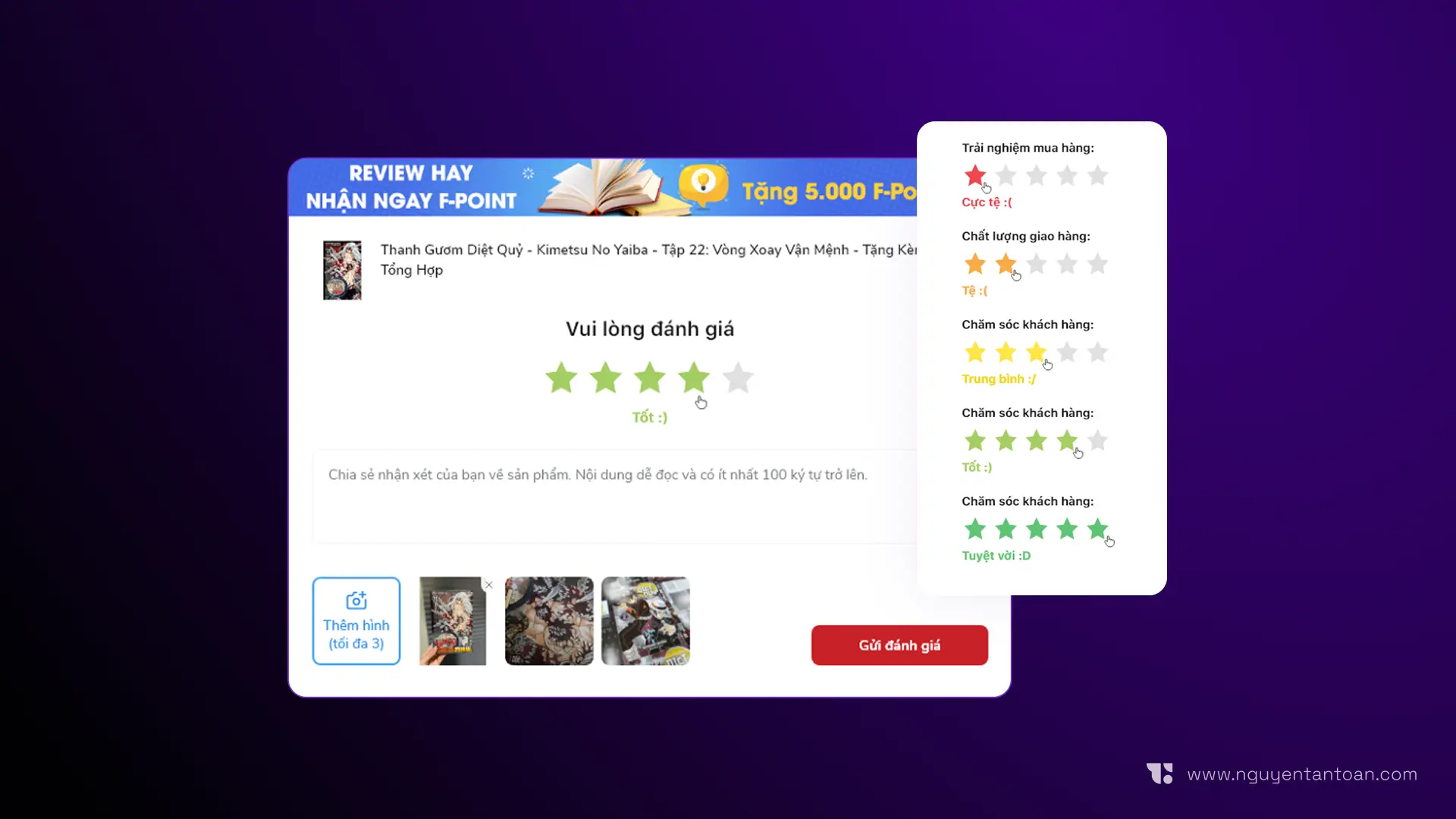 Fahasa's product review form with a 4 out of 5 star rating labeled "Good", a comment box, photo upload and an F-Point reward banner, beside five star-rating states ranging from "Terrible" to "Excellent"