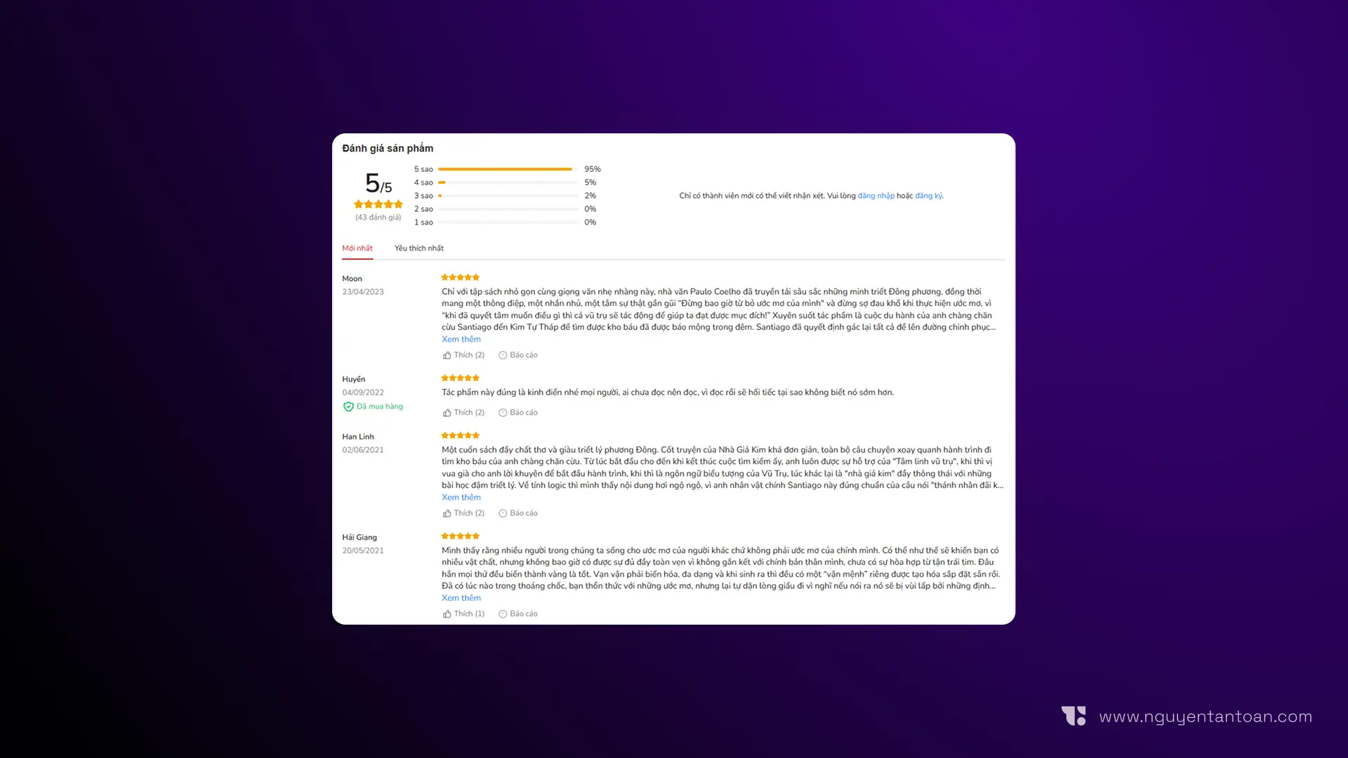 Product review summary showing a 5 out of 5 average from 43 ratings, a bar chart of the star distribution, and "Newest" and "Most liked" tabs above the list of reviews