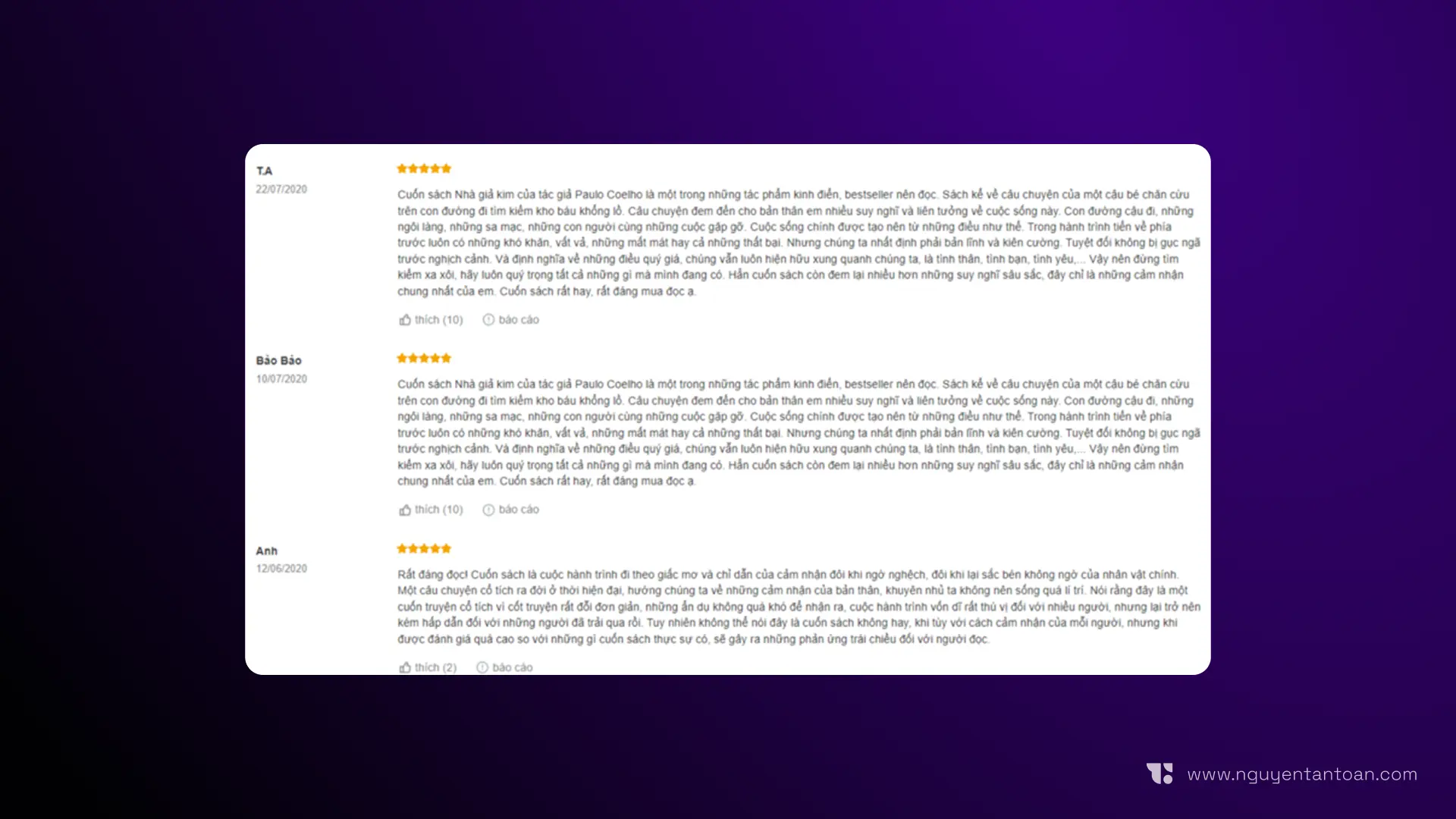 List of five-star book reviews, each showing the reviewer's name, the date, and "Like" and "Report" buttons
