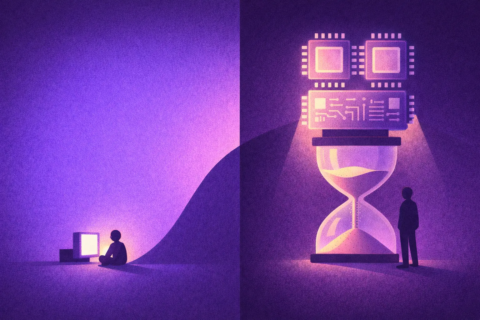 AI UX illustration for UX/UI design and product design - a user sits waiting in front of a computer screen while an AI system works through a long task, pictured as a giant hourglass.