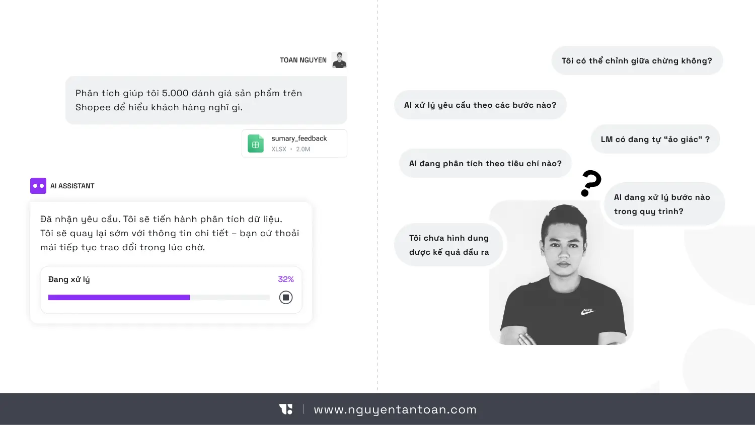 AI UX interface illustration by Nguyen Tan Toan: a user asks for an analysis of 5,000 Shopee reviews and the AI shows a progress bar at 32% with a processing status, while the right side shows the user's worries about control, process transparency and the reliability of the AI.