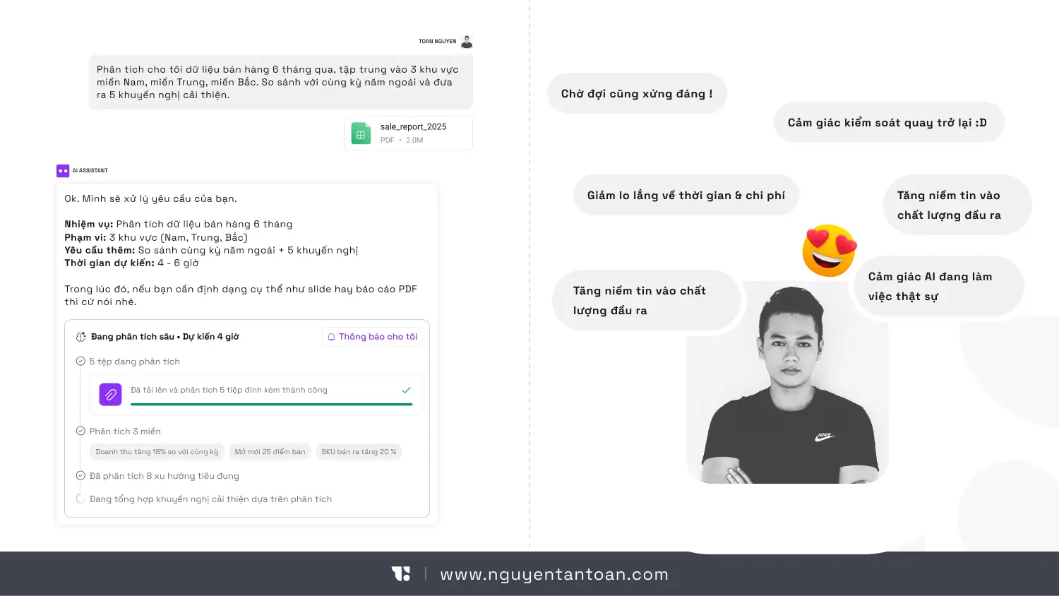 AI UX illustration by Nguyen Tan Toan: an interface showing a 6-month sales data analysis with a detailed progress bar, a task breakdown, the status of each step and a time estimate. The right side shows the user's positive feelings when they are in control: more trust in the quality of the output and less anxiety about cost.