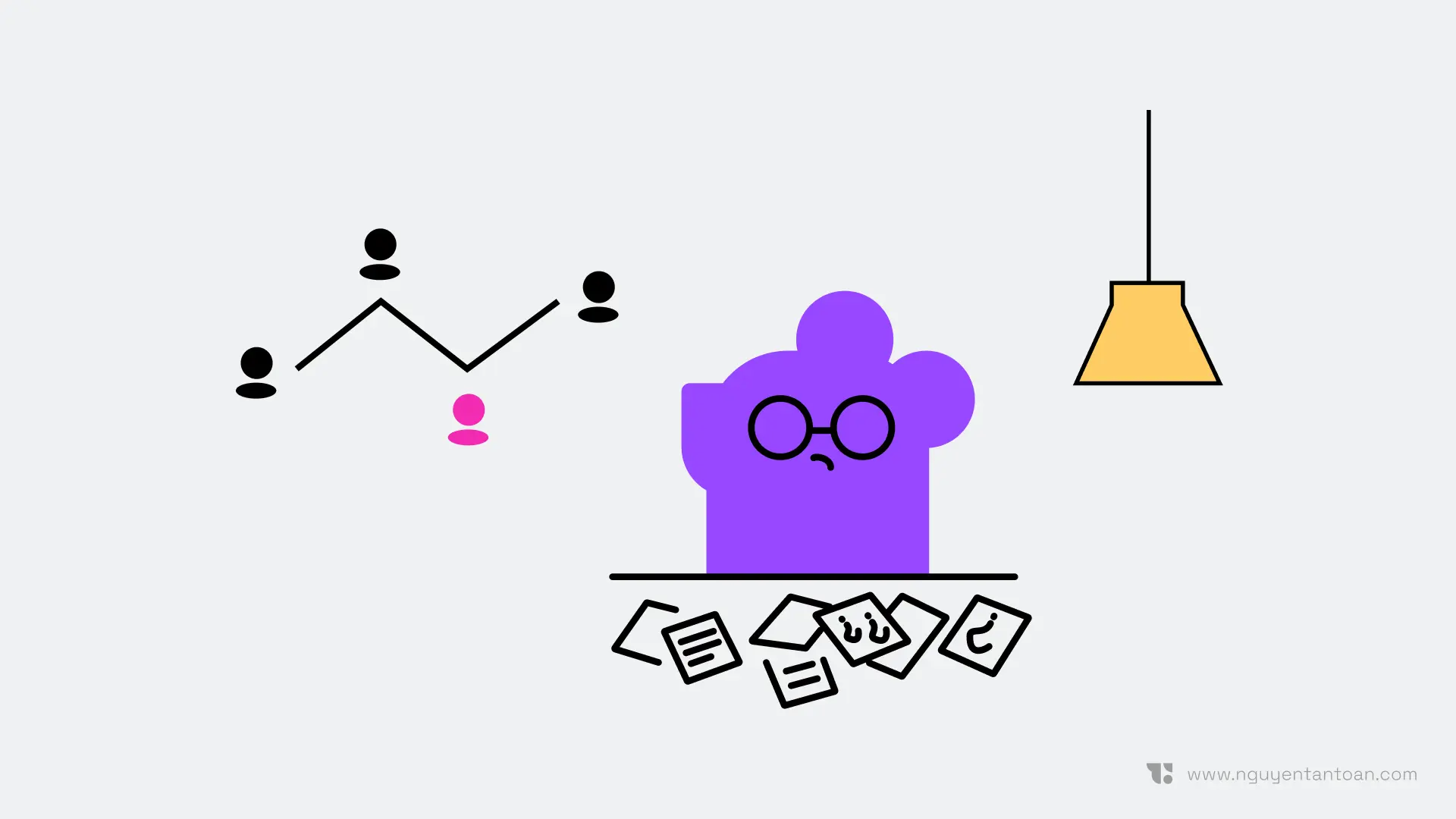 A worried researcher character behind a desk littered with unanswered notes, beside a network of people linked by a line