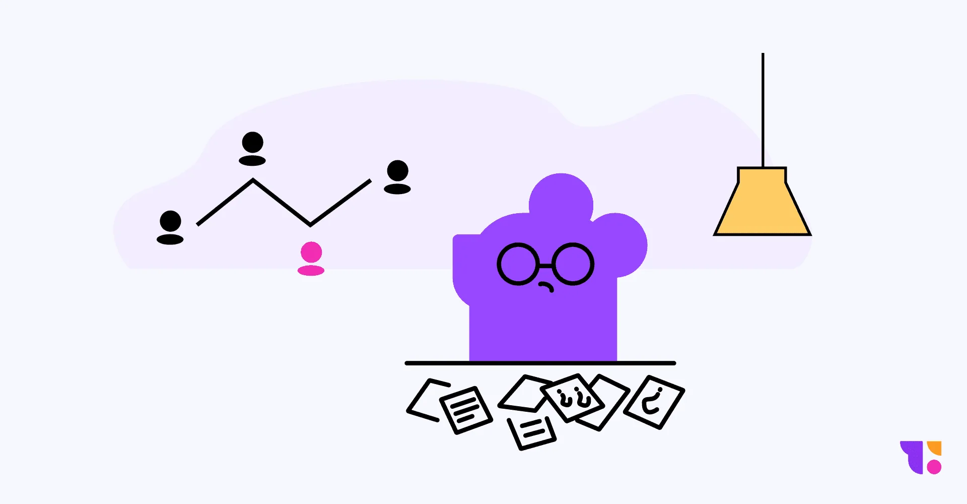A puzzled researcher character at a desk scattered with question-mark notes, next to a diagram of connected people with one of them highlighted