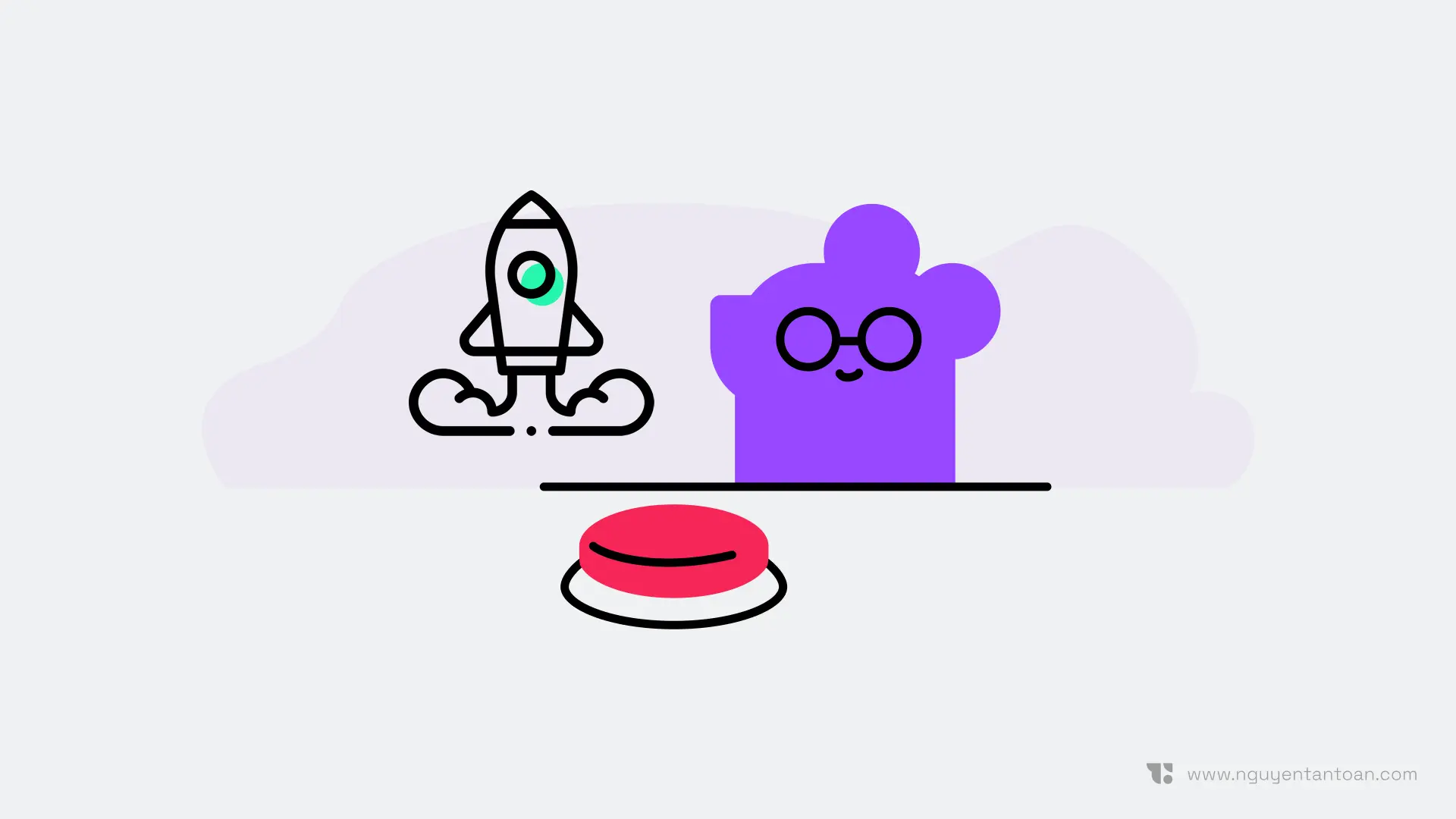 A smiling researcher character next to a rocket lifting off and a big red launch button