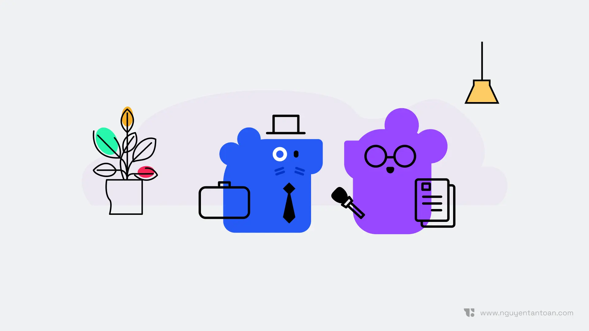 A researcher character holding a microphone and notes interviews a stakeholder in a top hat and tie who is carrying a briefcase
