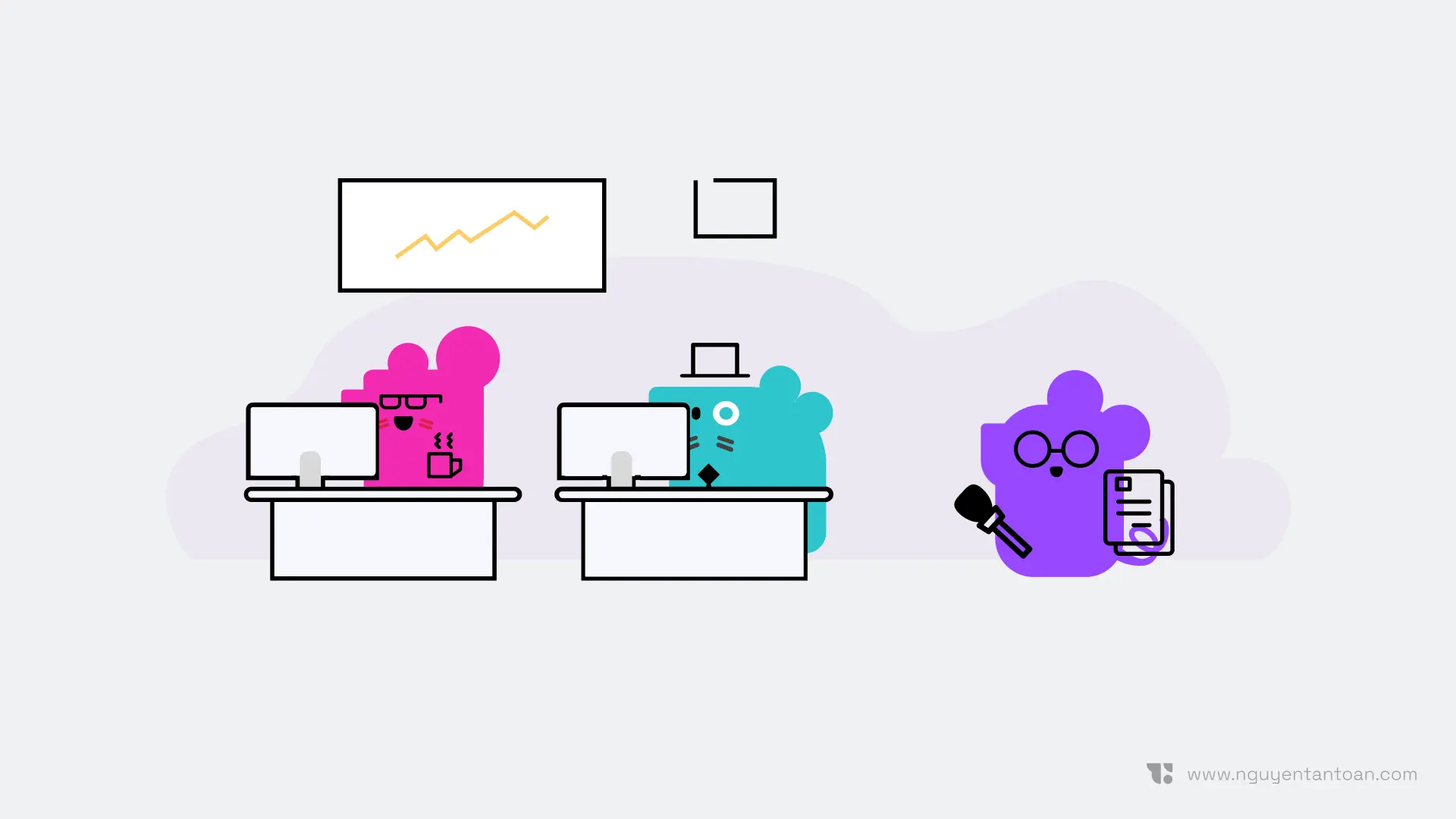 A researcher character with a microphone and notes approaching two stakeholders who are working at their desks
