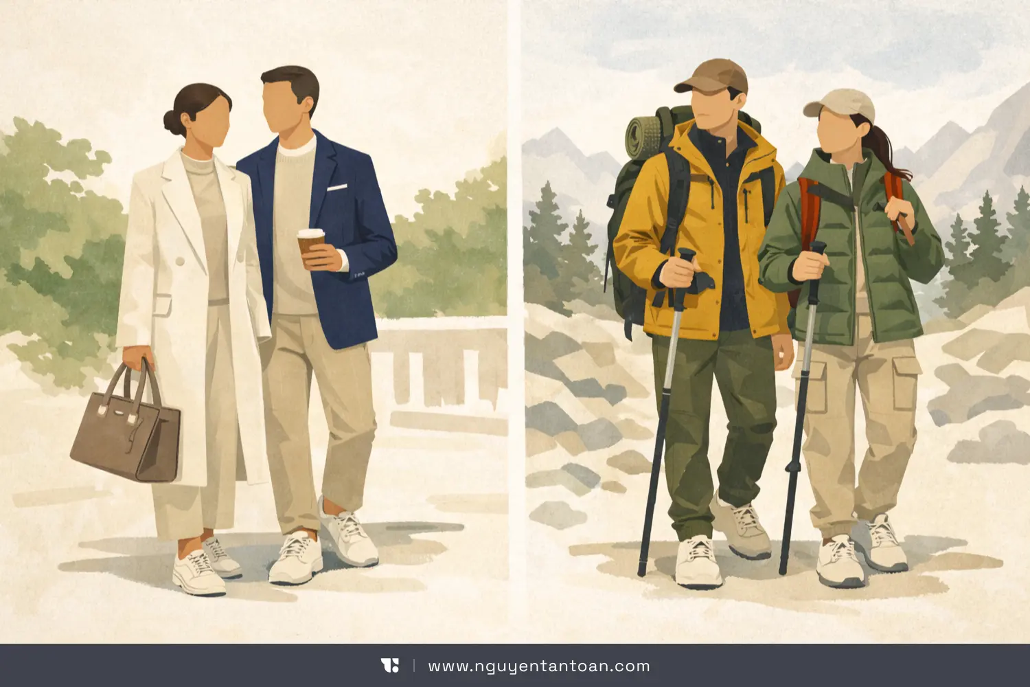 A comparison of sneaker styling in quiet luxury and gorpcore, reflecting the shift in taste after the sneaker hype era in Vietnam