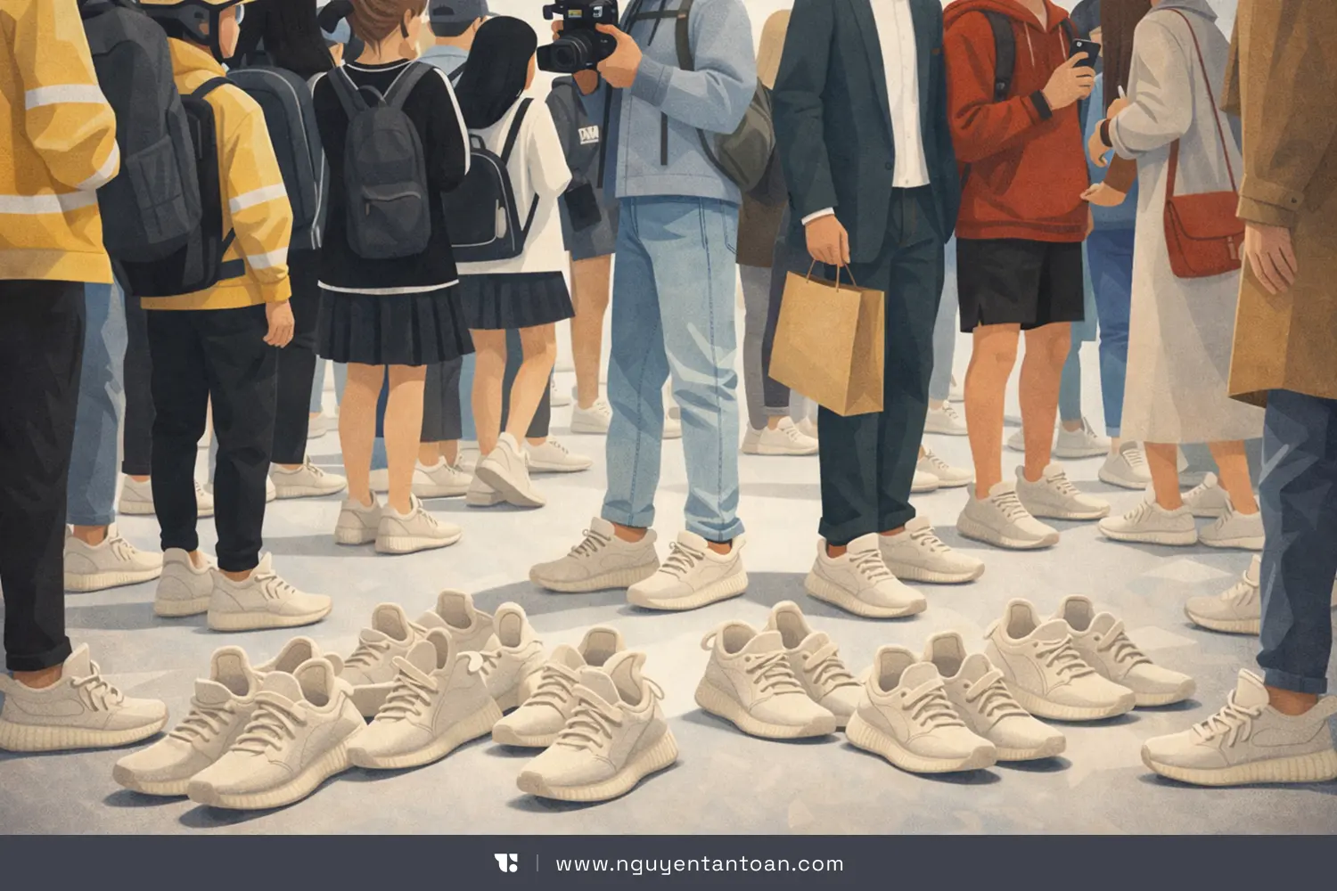 Sneakers appearing everywhere in a crowded space, showing how they became a mass-market fashion symbol for young people in Vietnam