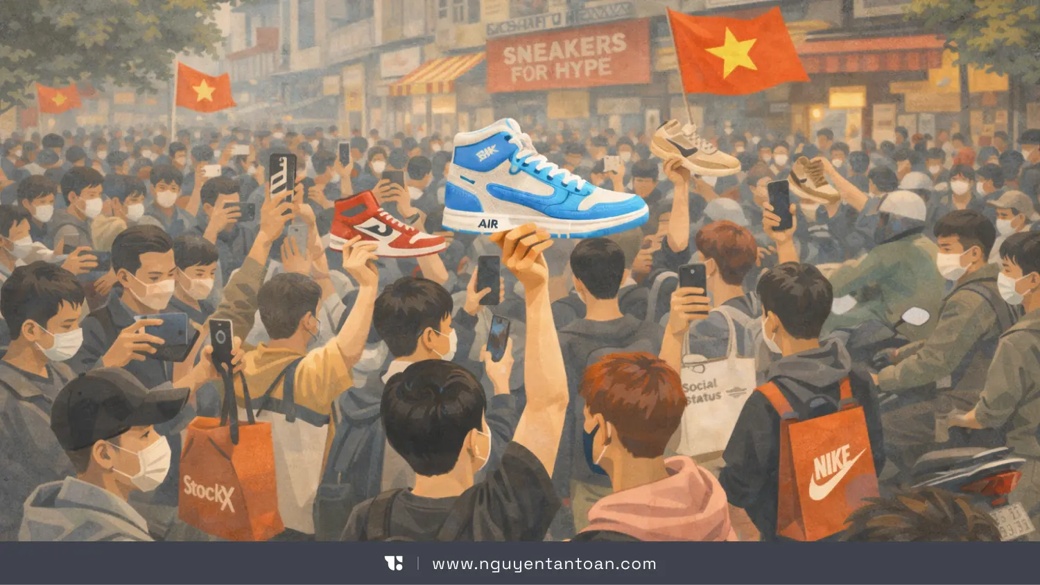 A crowd of young Vietnamese people gathered to hunt limited-edition sneakers, holding shoes high in the feverish atmosphere of peak sneaker hype in Vietnam