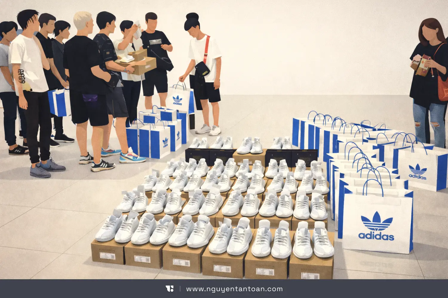 People lining up and trading sneakers in bulk in Vietnam, reflecting resale culture and the sneaker craze during the market's boom years