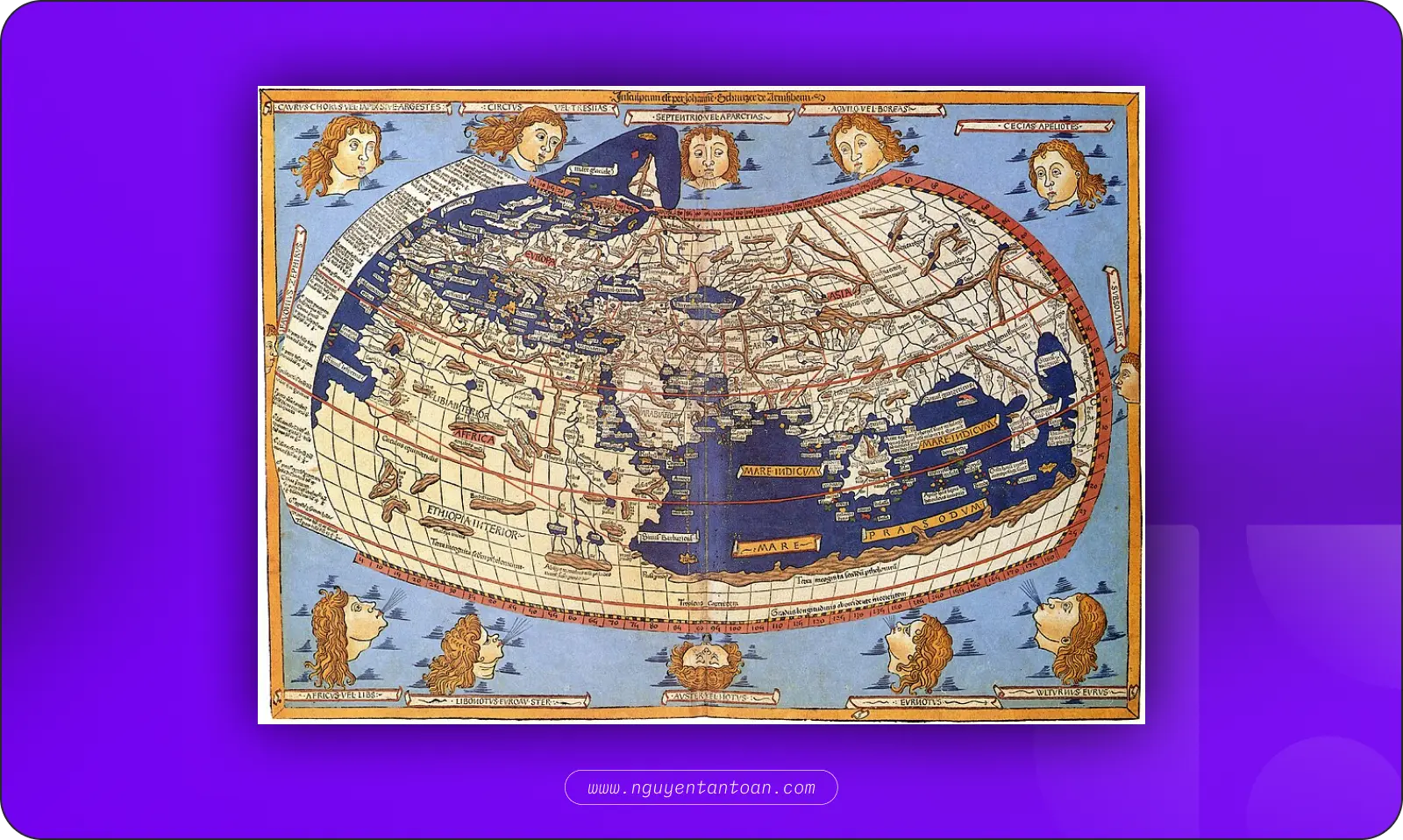 Historical world map with latitude and longitude grid lines, an early example of representing geographic data visually