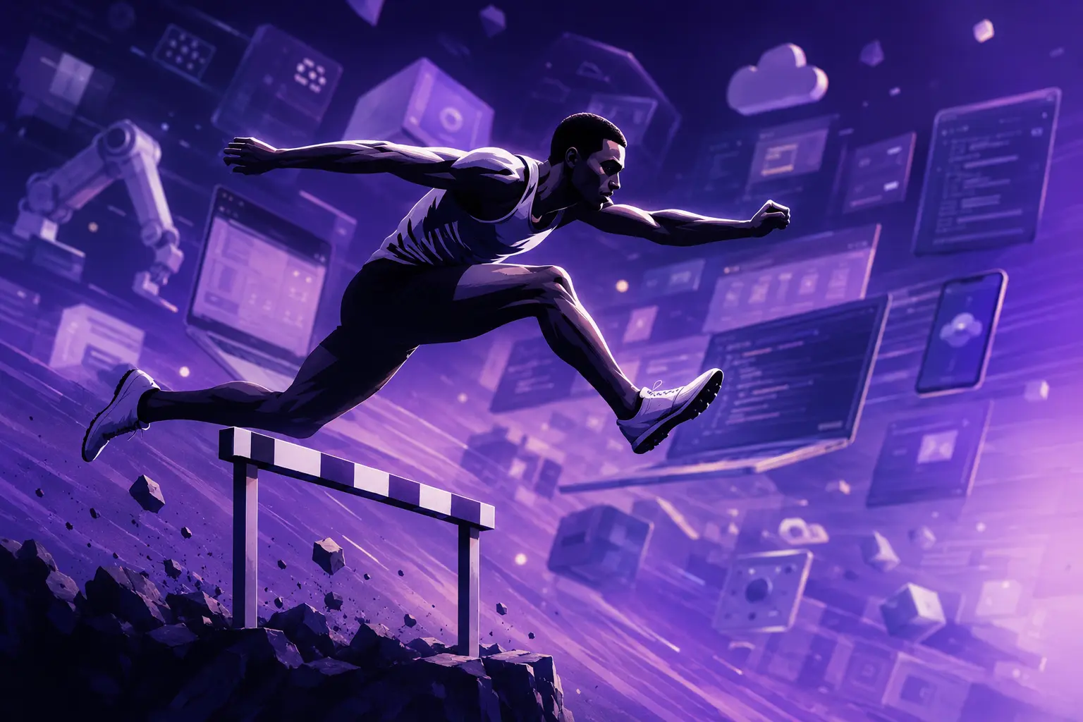 Nguyentantoan on clearing the hurdles of building an AI product - illustration of a hurdler against a purple digital-technology backdrop, a symbol of AI product development